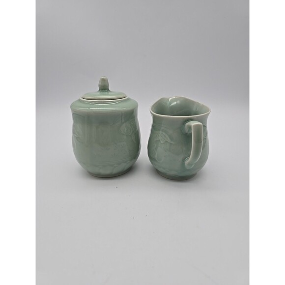Vintage Chinese Longquan Celadon Green Koi Fish Sugar & Creamer Set 1950-1980 - Picture 2 of 8